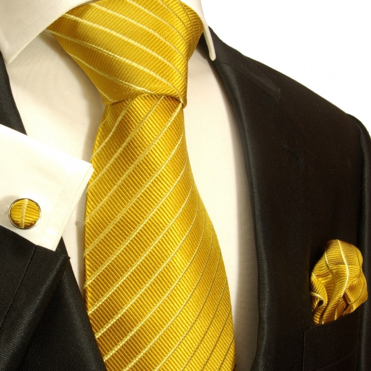 Gold necktie set 3pcs 100% silk tie + handkerchief + cufflinks by Paul ...