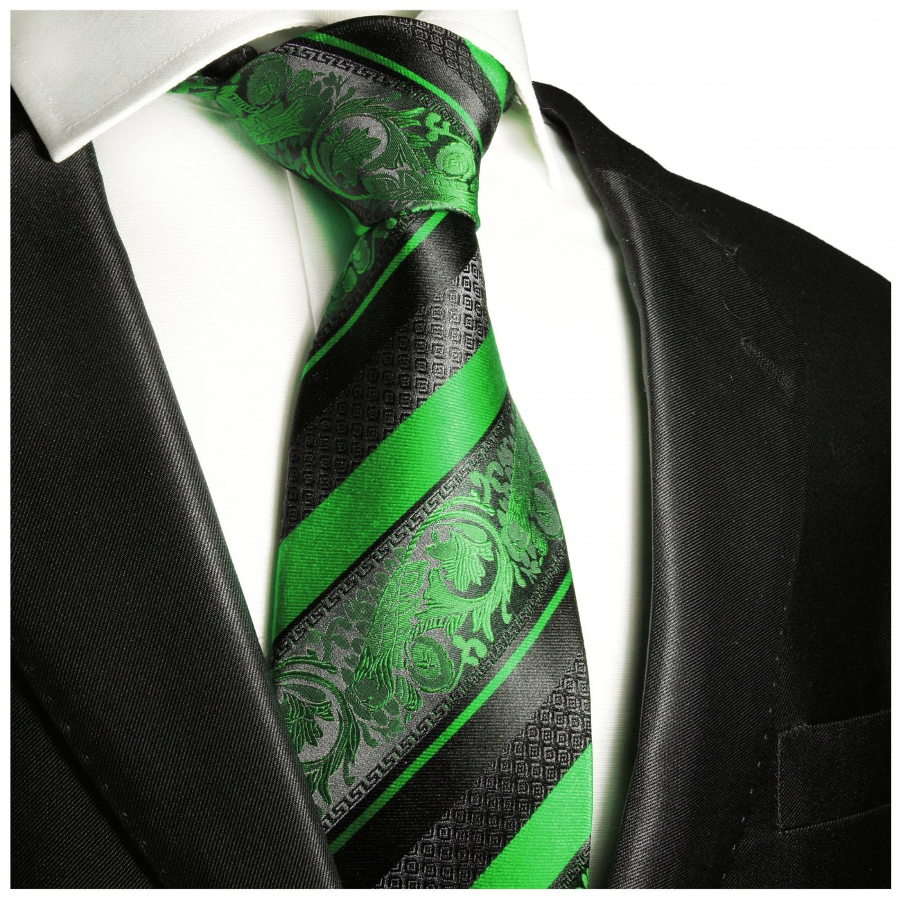 Grün schwarz gestreifte Krawatte 100% Seidenkrawatte ( extra lang 165cm )  494 - Paul Malone Shop