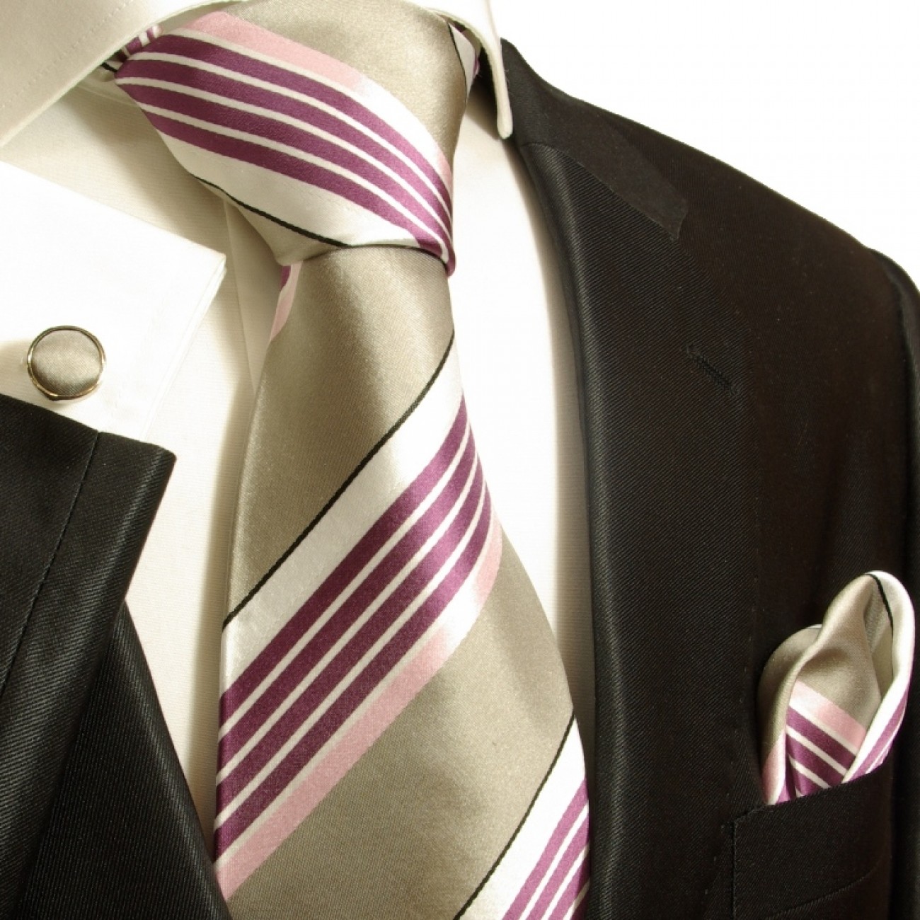 100% Pure Silk Neck Tie Cuff-links & Handkerchief Set Black & Pink Stripes 