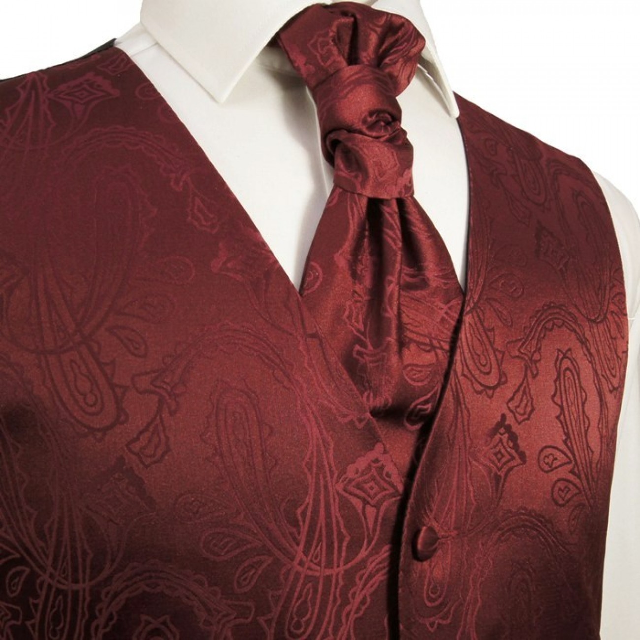 New Men's Paisley Tuxedo Vest Waistcoat & Ascot Cravat Wedding Prom Burgundy 