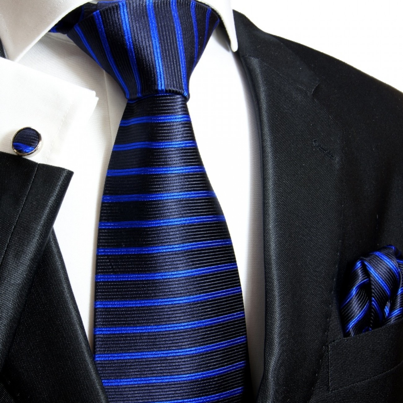 Tie Pocket Square Cufflinks Blue Silver Orange Stripe Set 100% Silk Wedding
