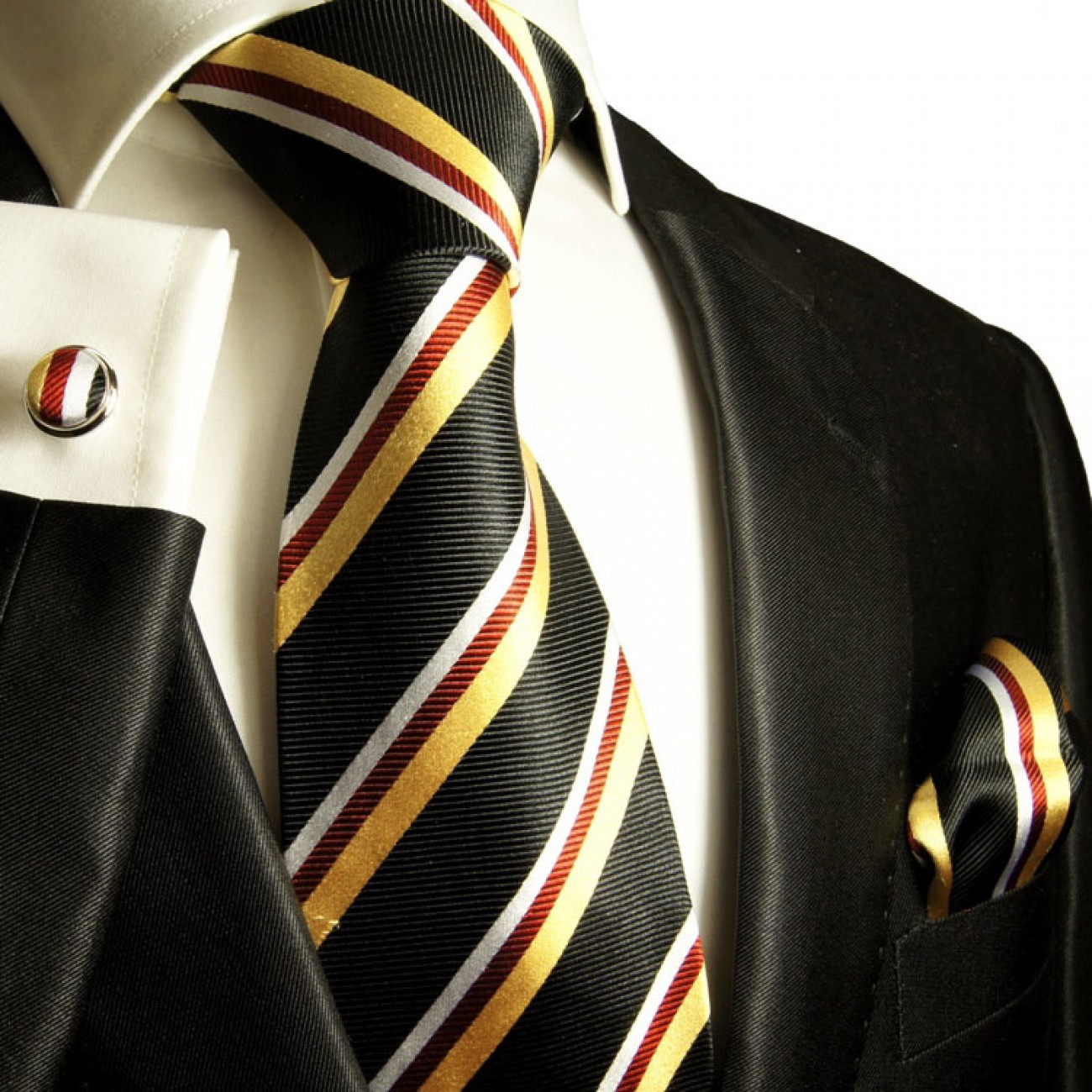 Black gold necktie set 3pcs + handkerchief + cufflinks 132 - Paul ...