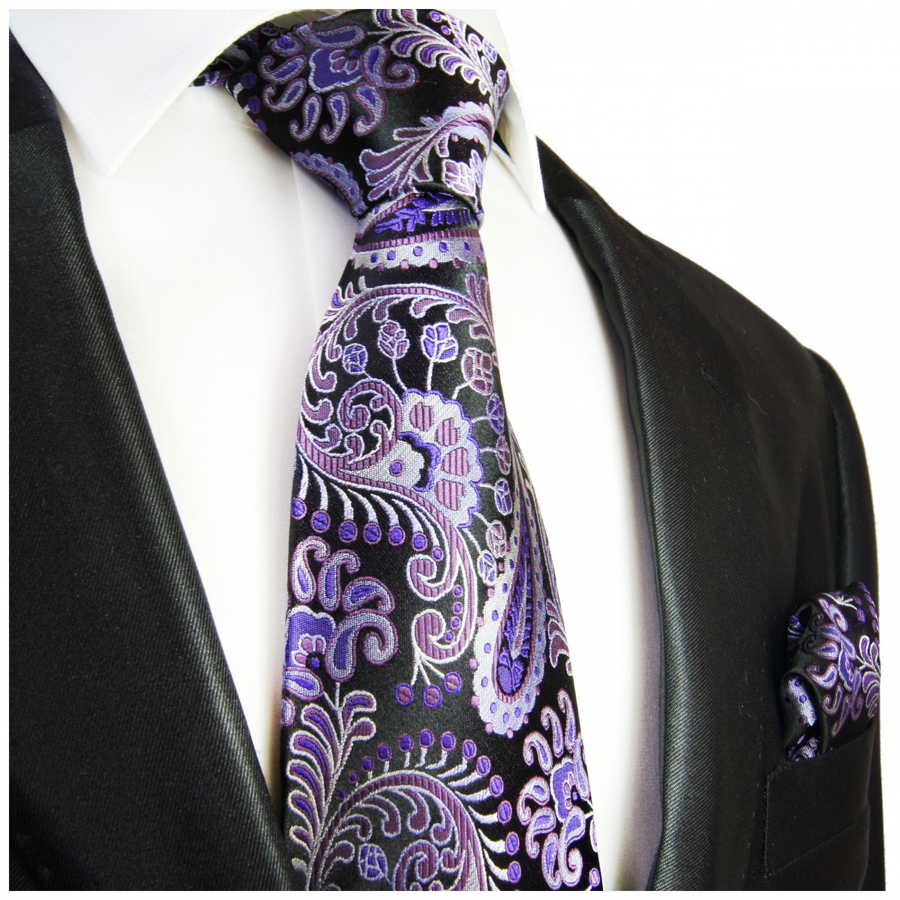 Extra lange Krawatte 165cm - Krawatte schwarz lila paisley