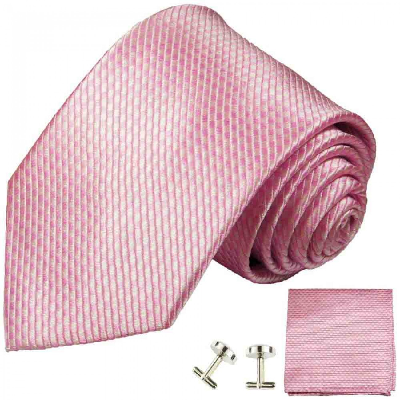 Krawatte pink uni Seidenkrawatte - Seide - Krawatte mit Einstecktuch und Manschettenknöpfe
