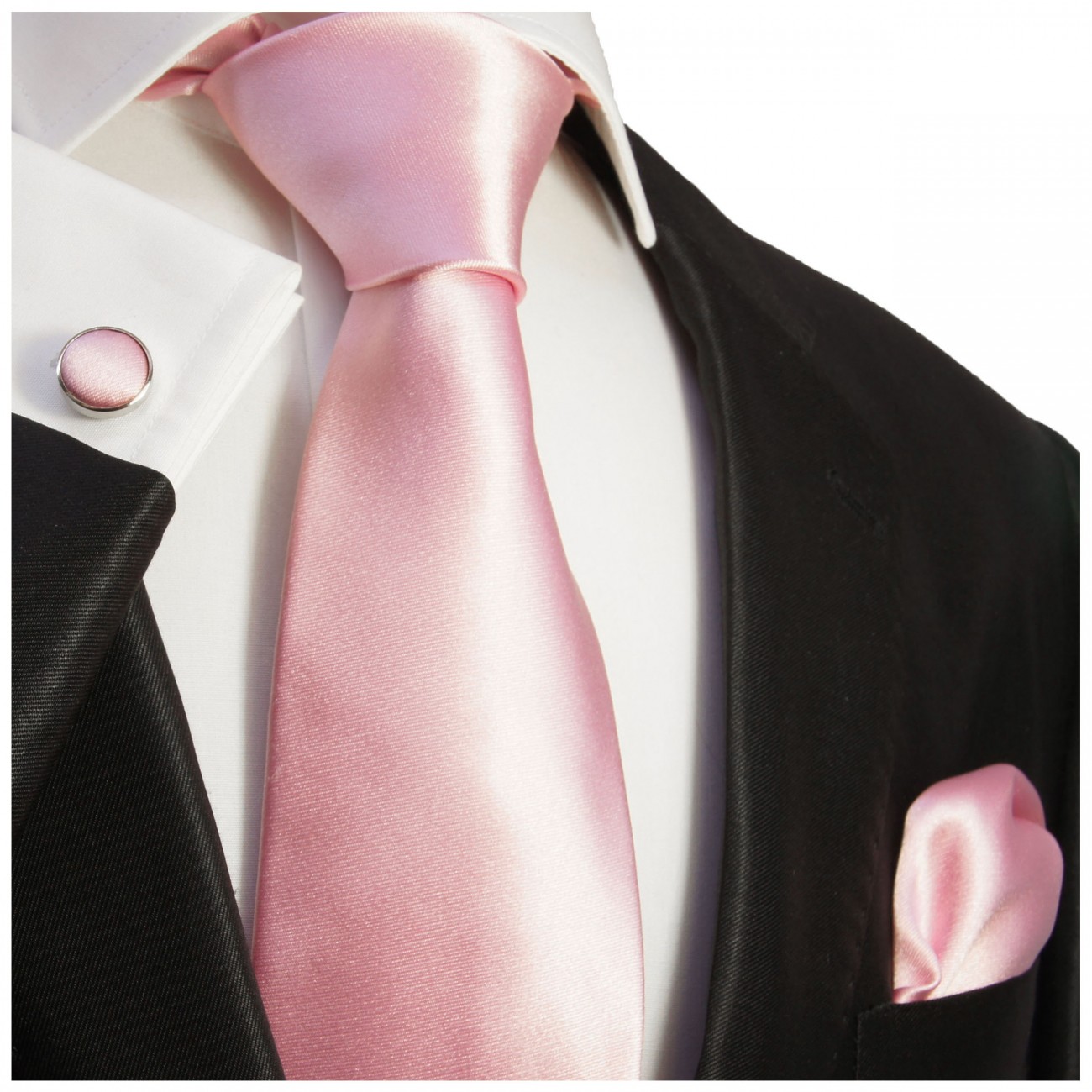 Krawatte pink rosa uni Seide mit Einstecktuch und Manschettenknöpfen