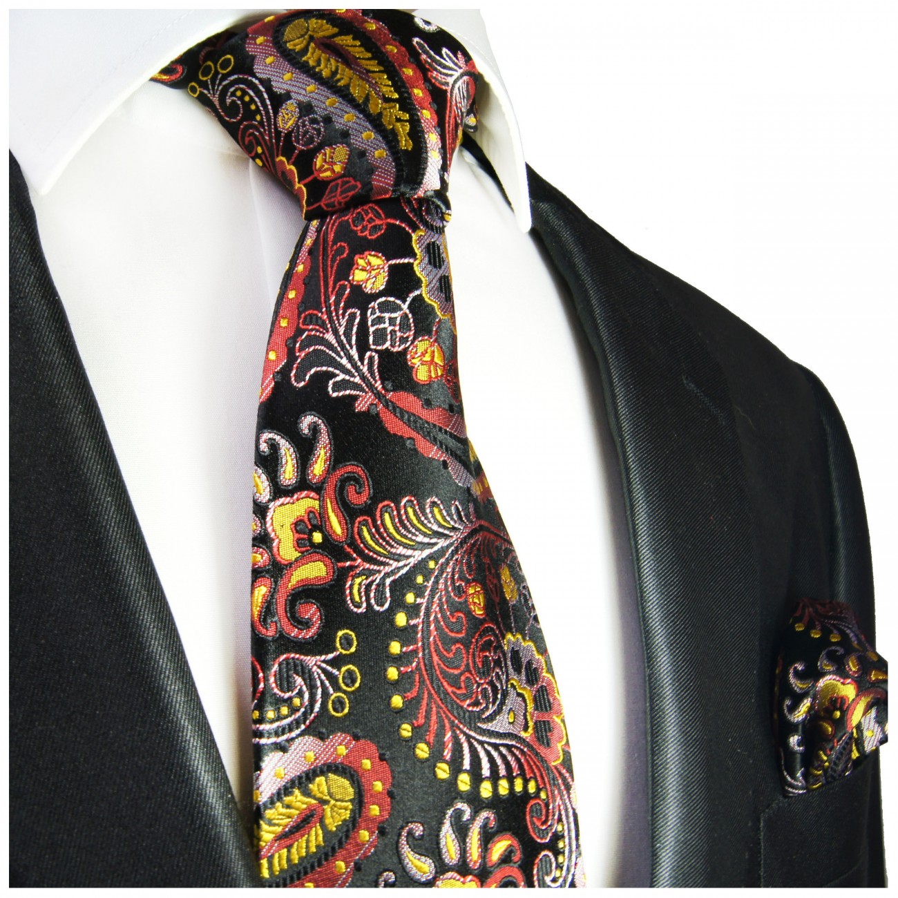 Extra lange Krawatte 165cm - Krawatte schwarz rot gelb paisley