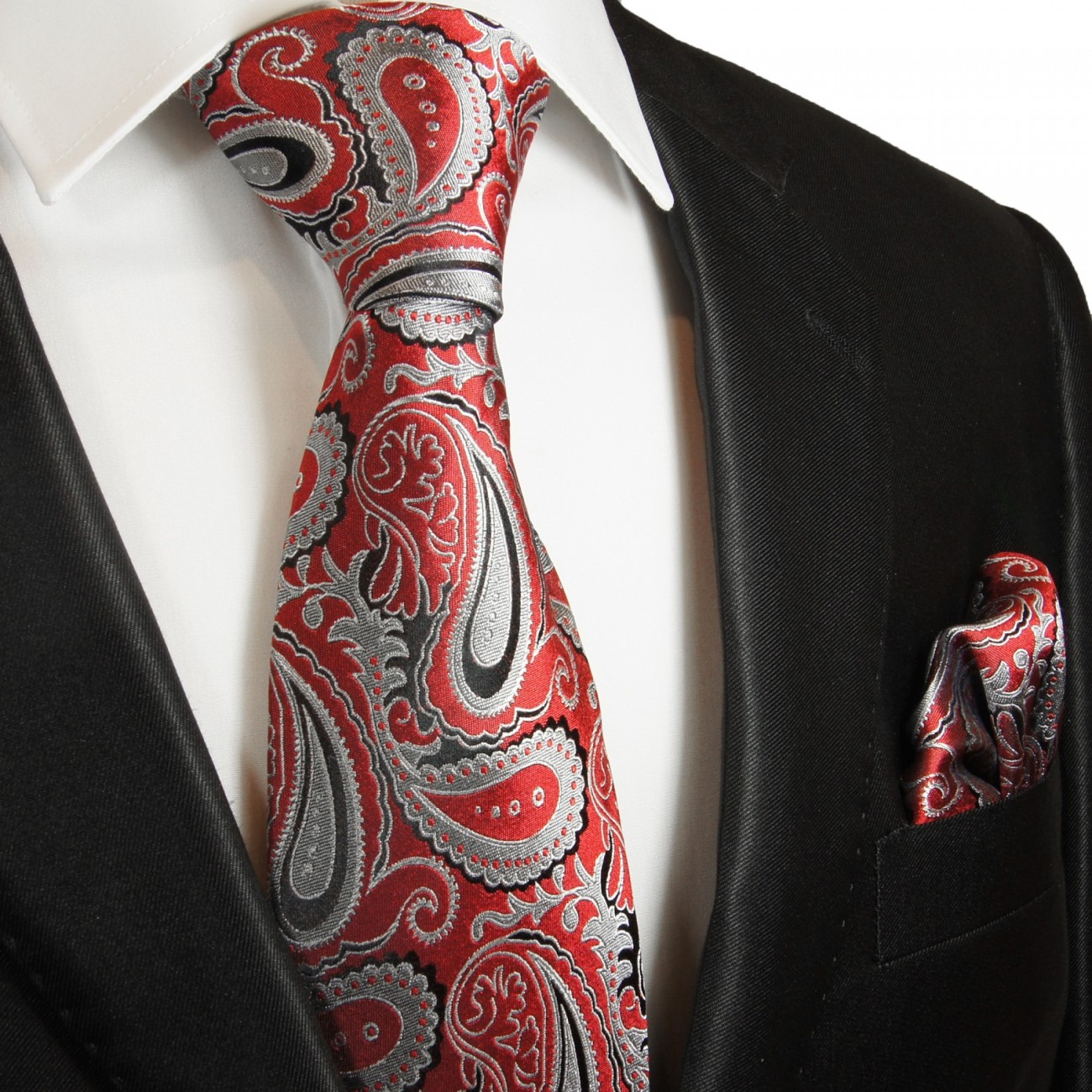 Krawatte rot grau schwarz paisley Seide mit Einstecktuch