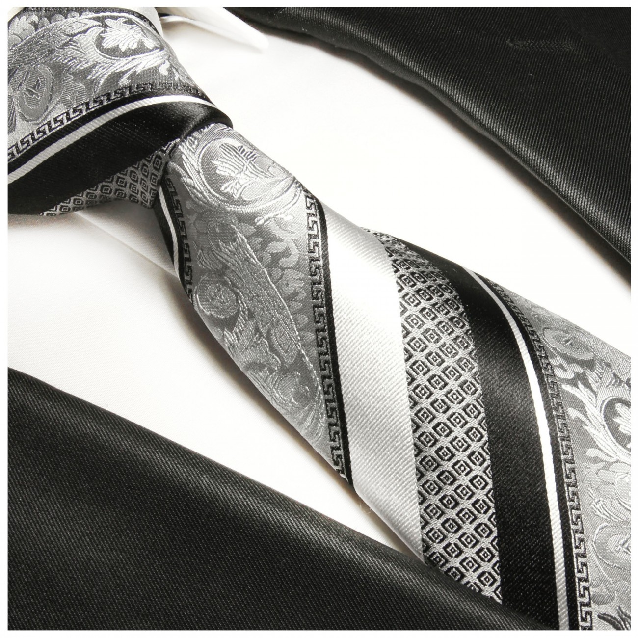 Extra lange Krawatte 165cm - Krawatte silber schwarz barock gestreift