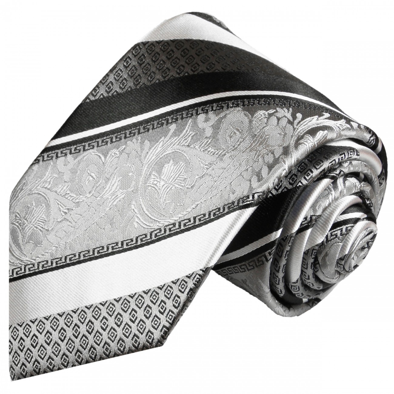 Extra lange Krawatte 165cm - Krawatte silber schwarz barock gestreift
