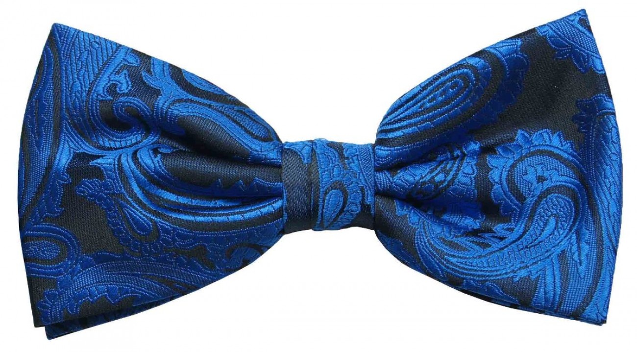 New formal Men's micro fiber pre-tied bow tie & hankie set paisley black blue 