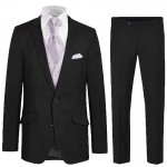 Elegant black Suit with purple floral waistcoat set - mens wedding suit set 6 pcs 100% virgin wool